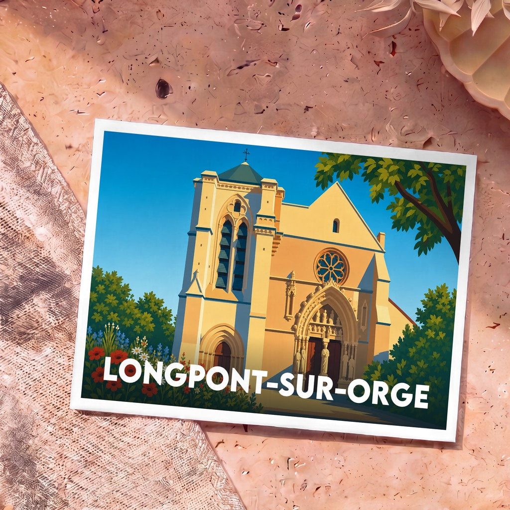 Carte postale souvenir de la ville de Longpont-sur-Orge avec une illustration stylisée de sa basilique.