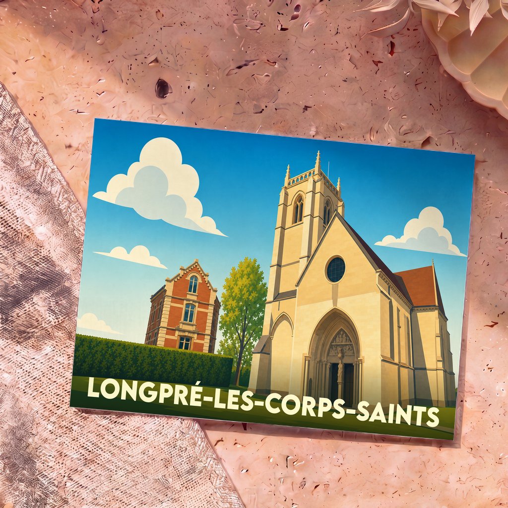 Carte postale souvenir de la ville de Longpré-les-Corps-Saints avec une illustration stylisée de son église et de son patrimoine.