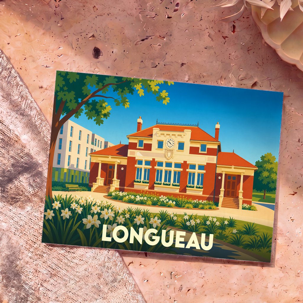 Carte postale souvenir de la ville de Longueau avec une illustration stylisée de son hôtel de ville.