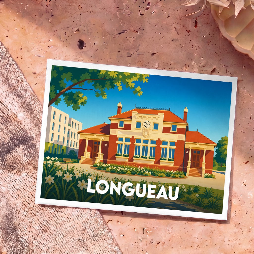 Carte postale souvenir de la ville de Longueau avec une illustration stylisée de son hôtel de ville.