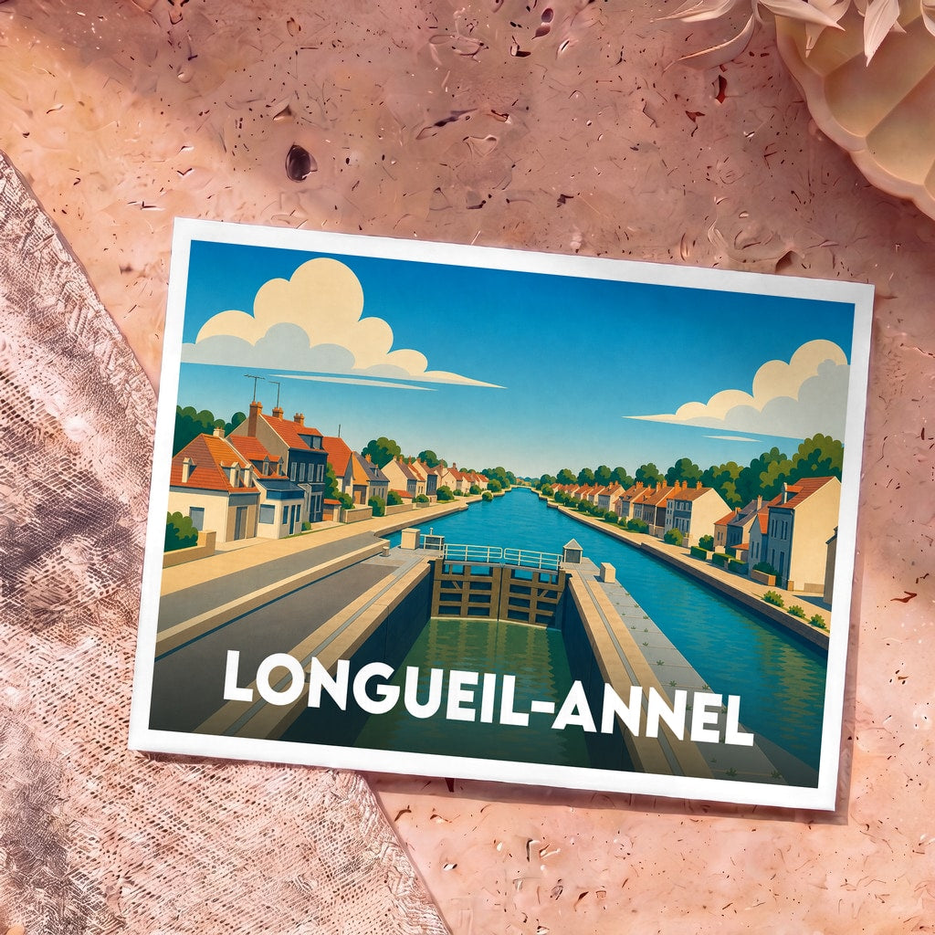 Carte postale souvenir de la ville de Longueil-Annel avec une illustration stylisée de ses canaux et écluses.