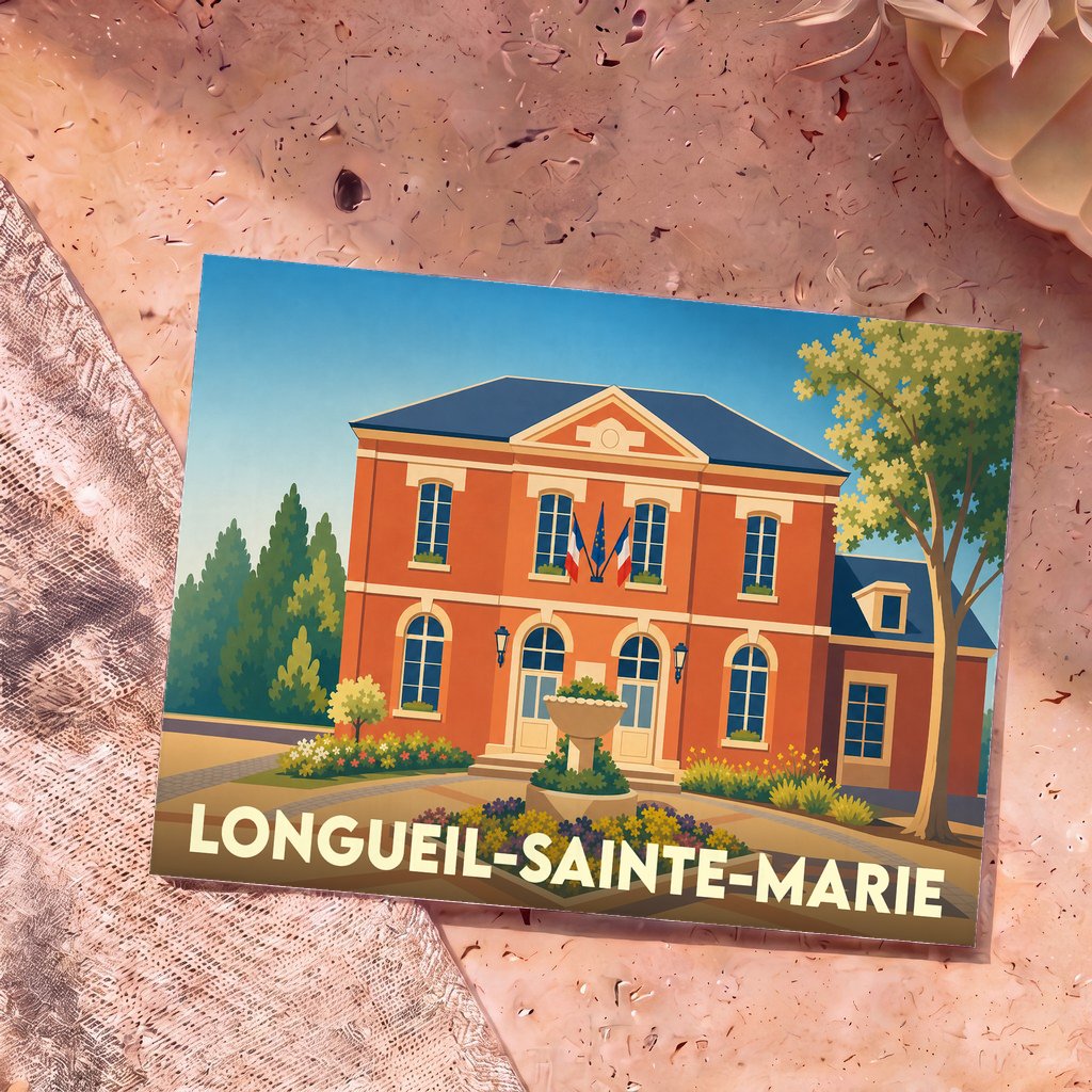 Carte postale souvenir de Longueil-Sainte-Marie illustrant l'hôtel de ville dans un style graphique épuré.