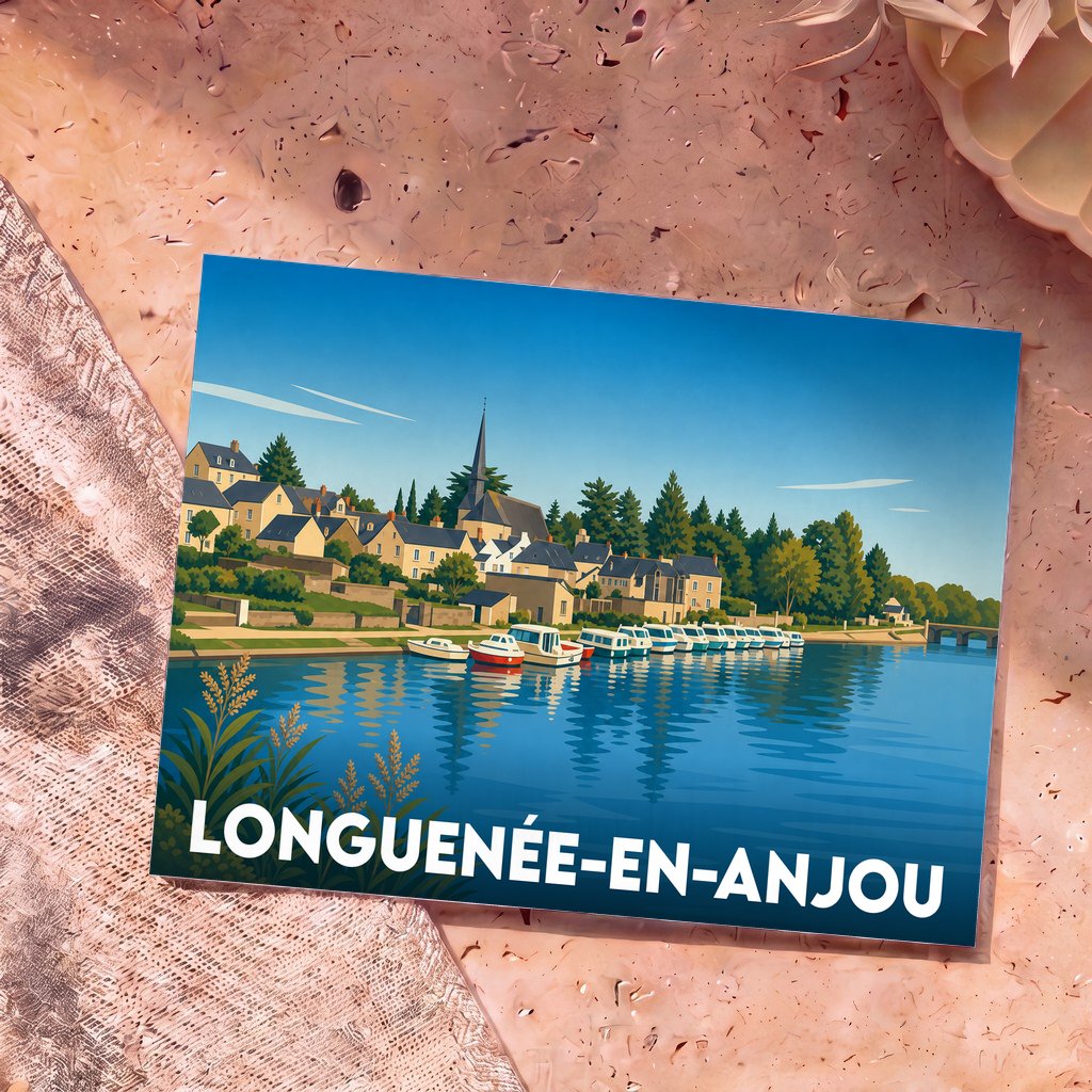 Carte postale souvenir de la commune de Longuenée-en-Anjou avec une illustration stylisée d'un port fluvial.
