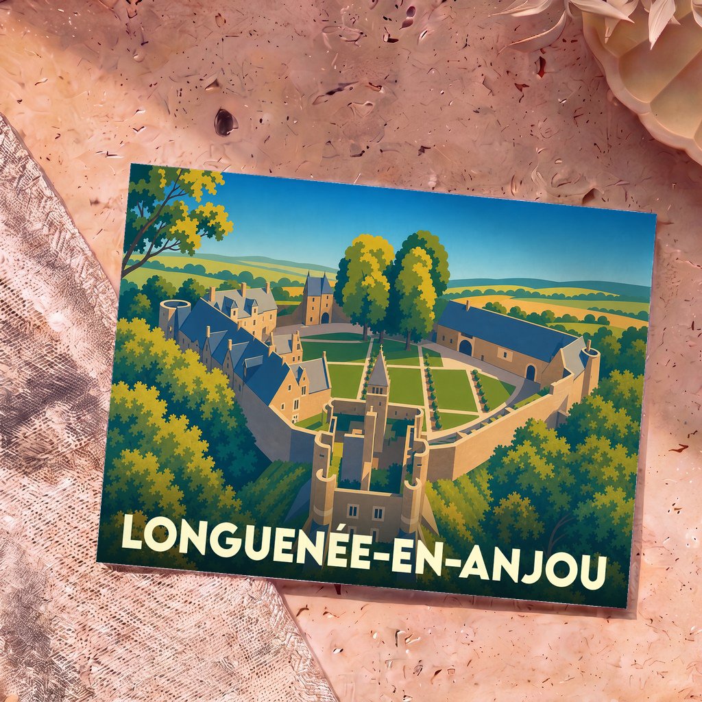 Carte postale souvenir de la ville de Longuenée-en-Anjou avec une illustration stylisée d'un château.