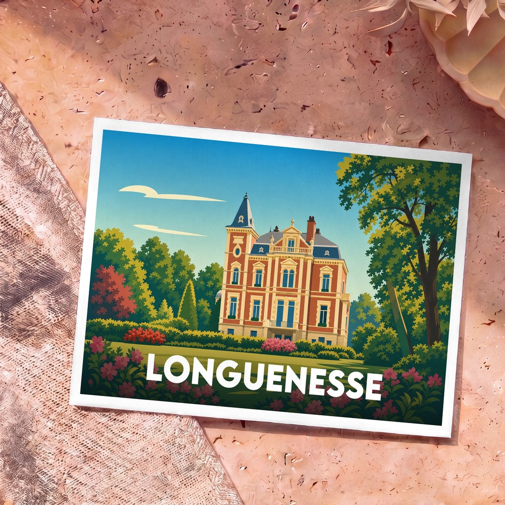 Carte postale souvenir de la ville de Longuenesse arborant une illustration stylisée d'un manoir entouré de jardins.
