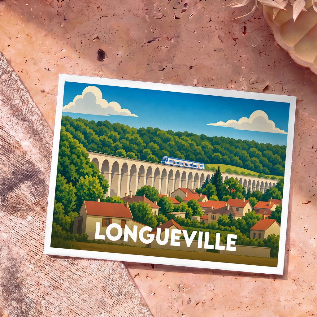 Carte postale souvenir de la ville de Longueville avec une illustration stylisée d'un train traversant un viaduc surplombant le village.