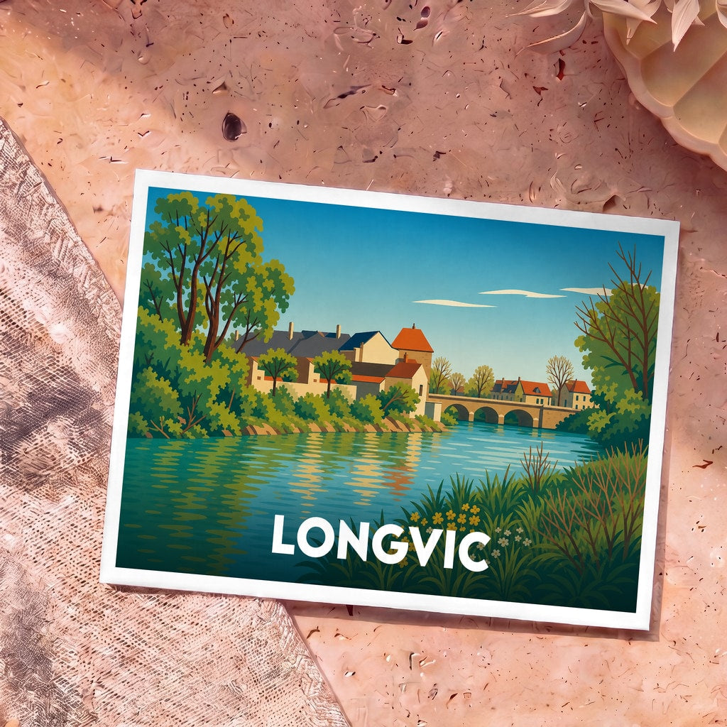 Carte postale souvenir de la ville de Longvic avec une illustration stylisée d'un paysage fluvial et de son pont.