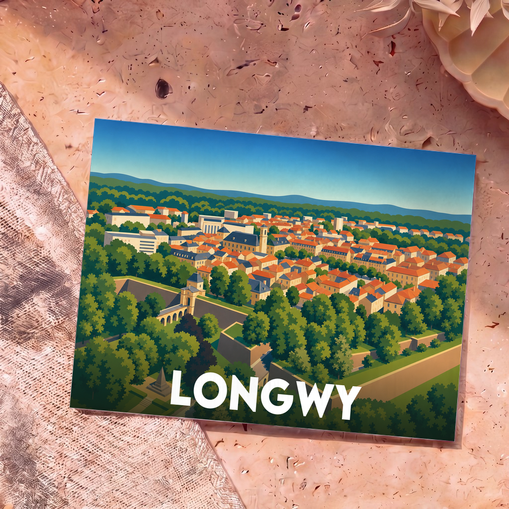 Carte postale souvenir de la ville de Longwy illustrant ses remparts et son architecture dans un style graphique épuré.
