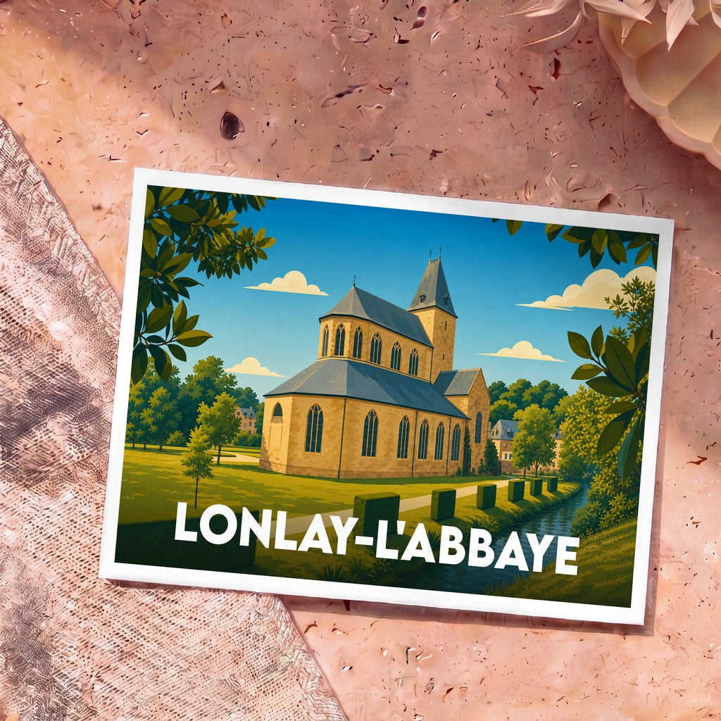 Carte postale souvenir de la ville de Lonlay-l'Abbaye avec une illustration stylisée de son abbaye.