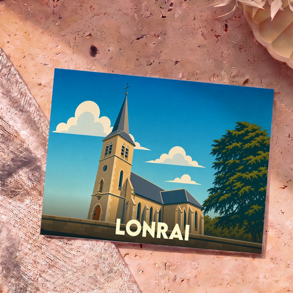 Carte postale souvenir de la ville de Lonrai illustrant son église dans un style graphique épuré.