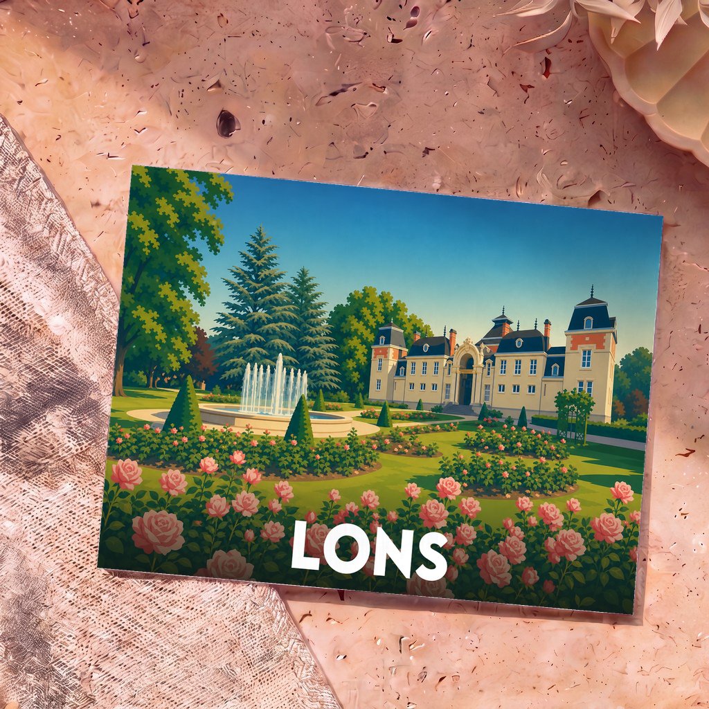 Carte postale souvenir de la ville de Lons illustrant un château et ses jardins fleuris.