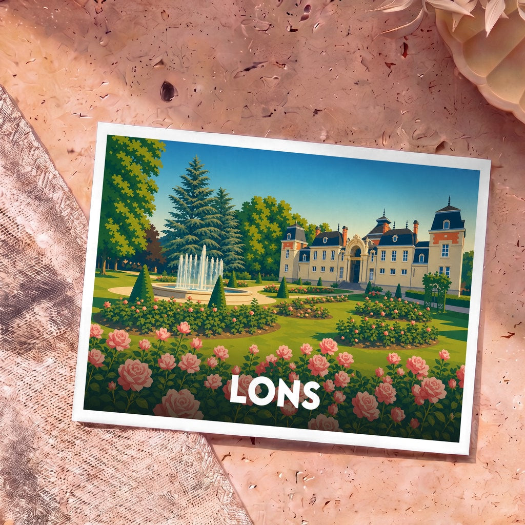 Carte postale souvenir de la ville de Lons illustrant un château et ses jardins fleuris.