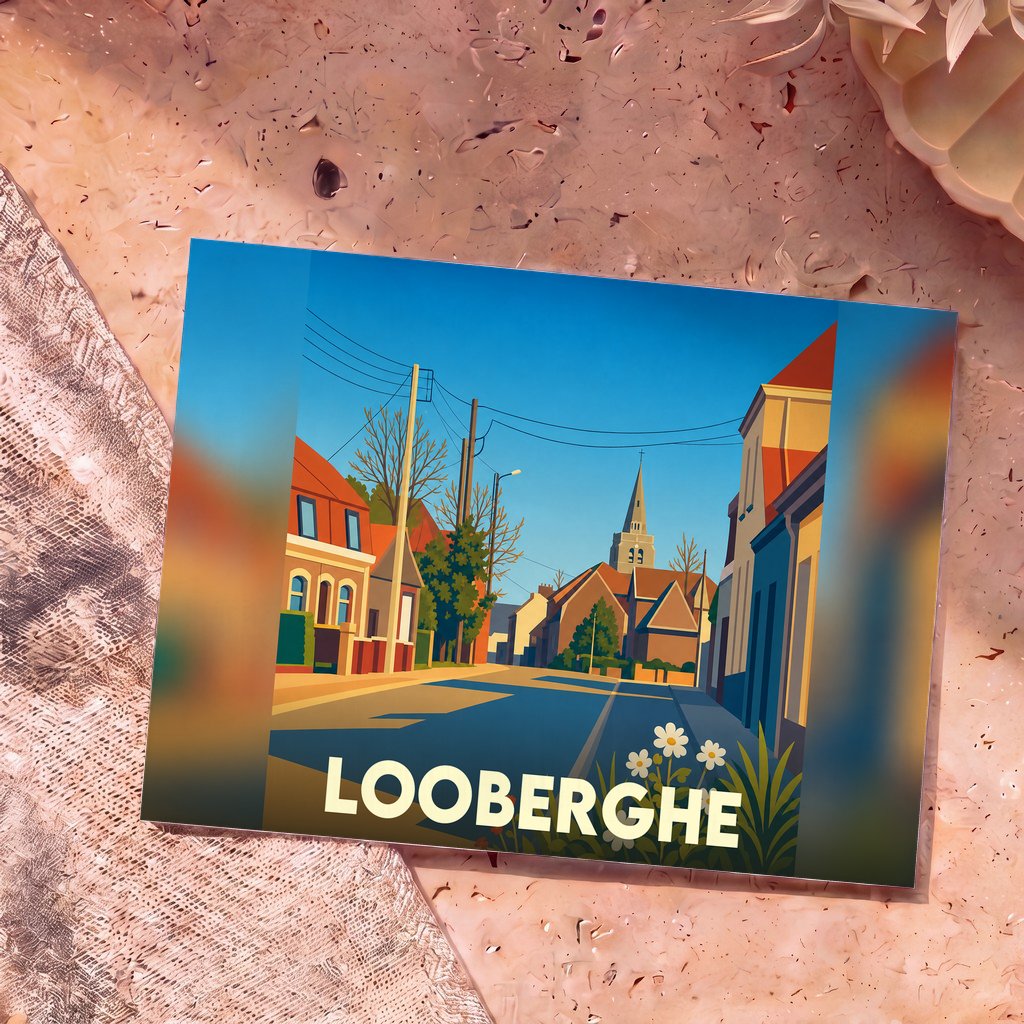 Carte postale souvenir de la ville de Looberghe avec une illustration stylisée.