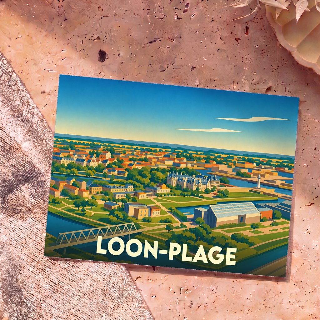 Carte postale souvenir de la ville de Loon-Plage avec une illustration stylisée en vue aérienne.
