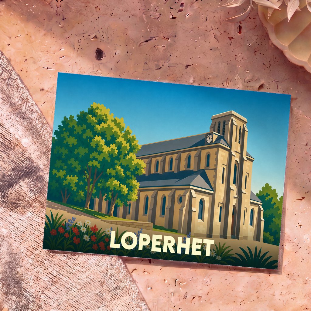 Carte postale souvenir de la ville de Loperhet avec une illustration stylisée de son église et de la végétation environnante.