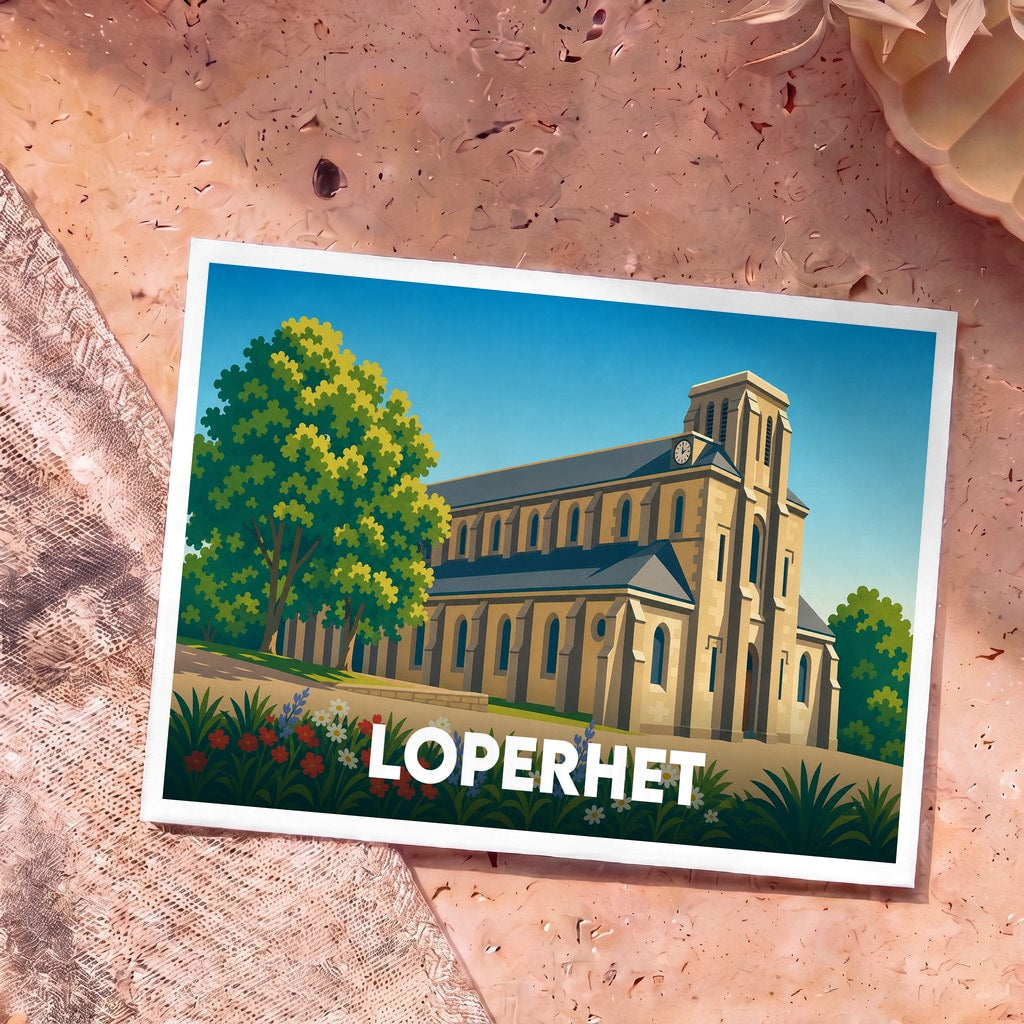 Carte postale souvenir de la ville de Loperhet avec une illustration stylisée de son église et de la végétation environnante.