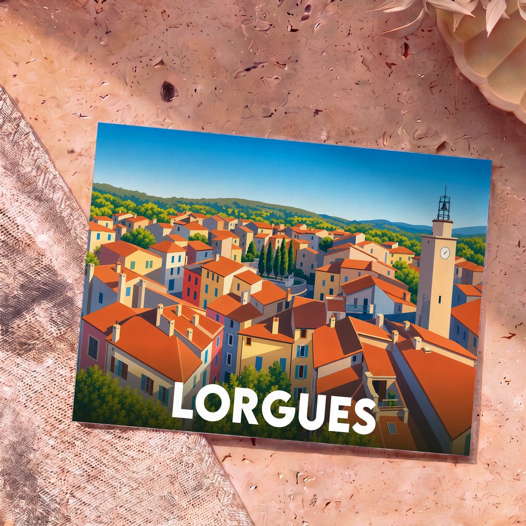 Carte postale souvenir de la ville de Lorgues avec une illustration stylisée et colorée de ses toits provençaux.