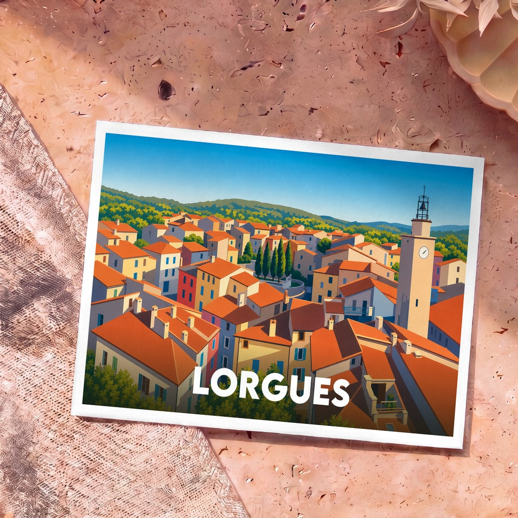 Carte postale souvenir de la ville de Lorgues avec une illustration stylisée et colorée de ses toits provençaux.