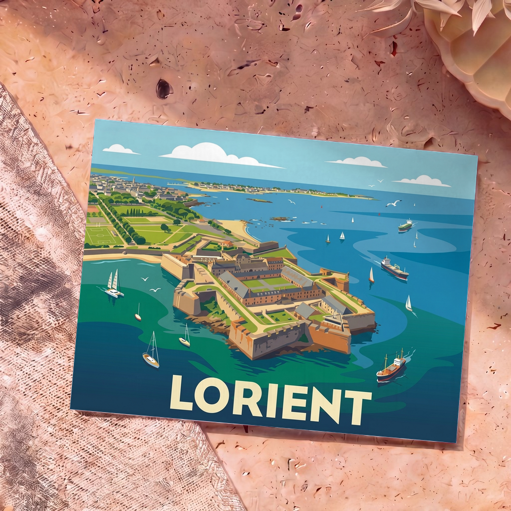 Carte postale souvenir de la ville de Lorient avec une illustration stylisée d'une citadelle en bord de mer.