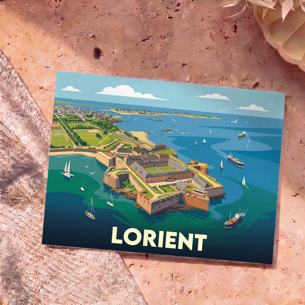 Carte postale souvenir de la ville de Lorient avec une illustration stylisée d'une citadelle en bord de mer.