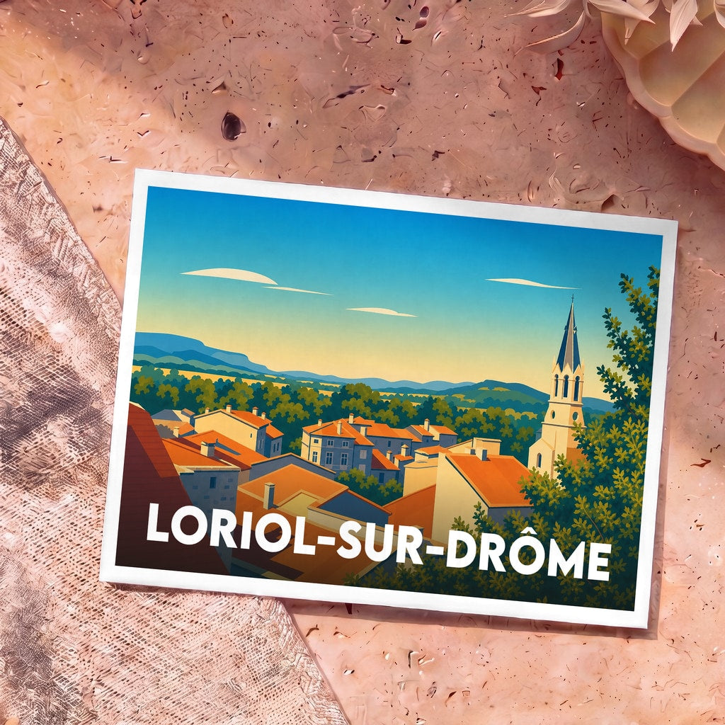 Carte postale souvenir de Loriol-sur-Drôme arborant une illustration stylisée des toits de la ville et de son clocher.
