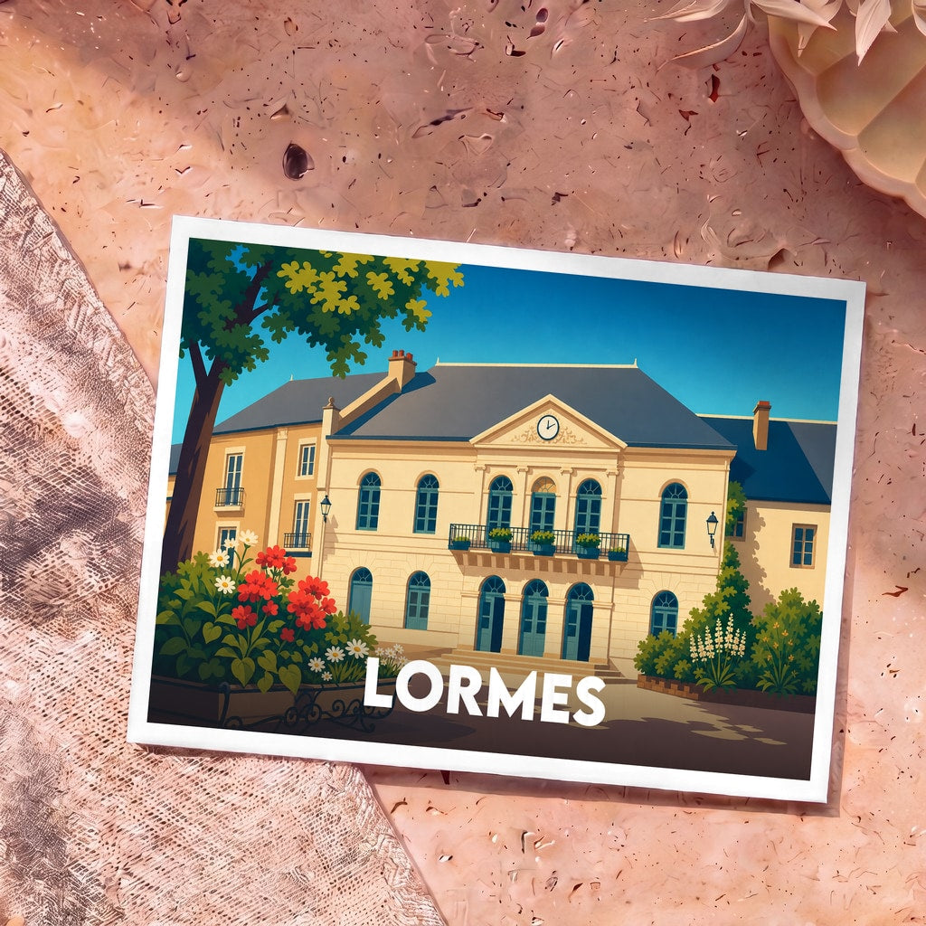 Carte postale souvenir de la ville de Lormes avec une illustration stylisée de son hôtel de ville.