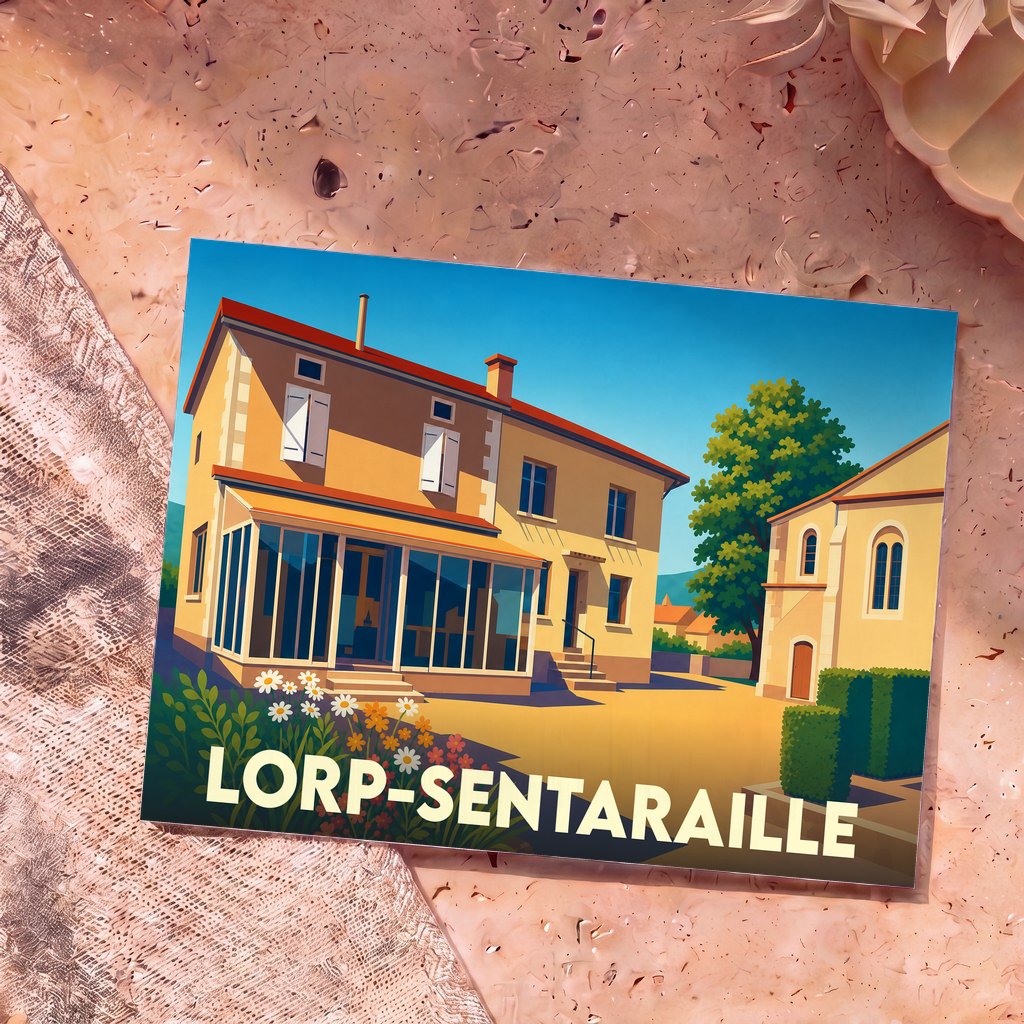 Carte postale souvenir de la ville de Lorp-Sentaraille avec une illustration stylisée d'une maison ensoleillée.