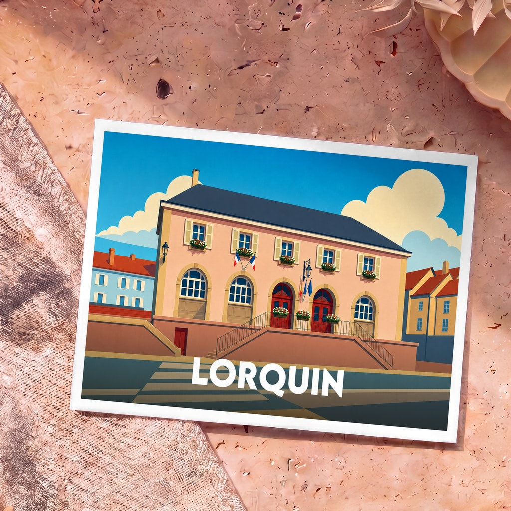 Carte postale souvenir de la ville de Lorquin avec une illustration stylisée de son hôtel de ville.