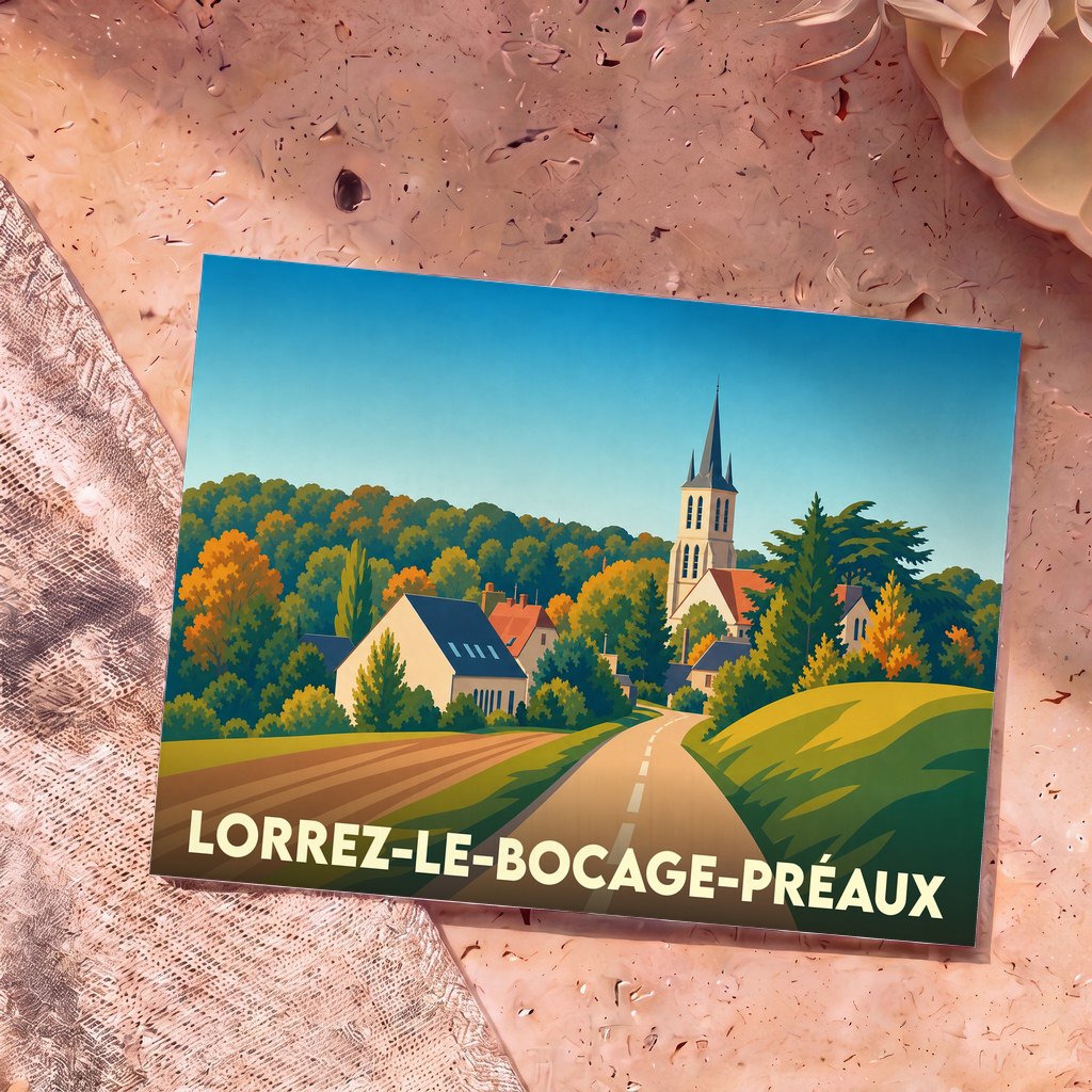 Carte postale souvenir de la ville de Lorrez-le-Bocage-Préaux avec une illustration stylisée.