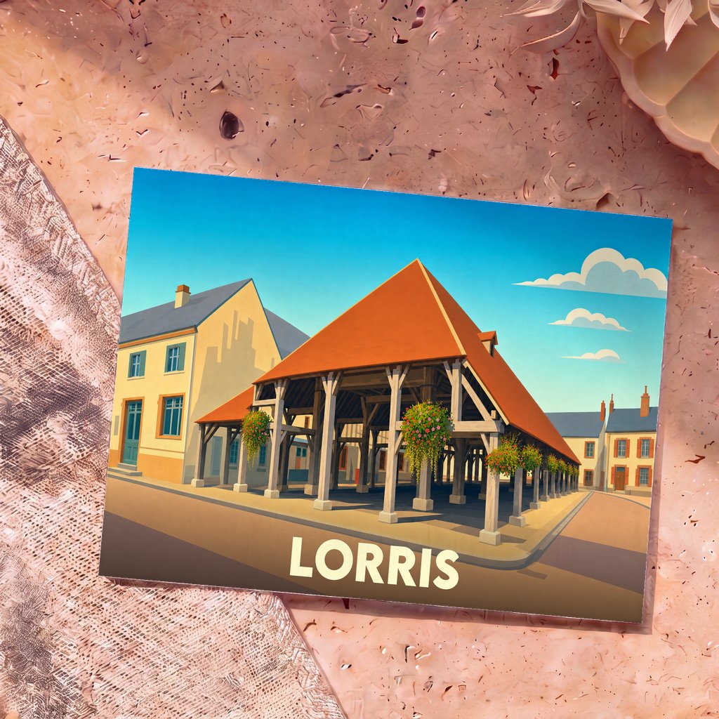Carte postale souvenir de la ville de Lorris avec une illustration stylisée de ses halles historiques.