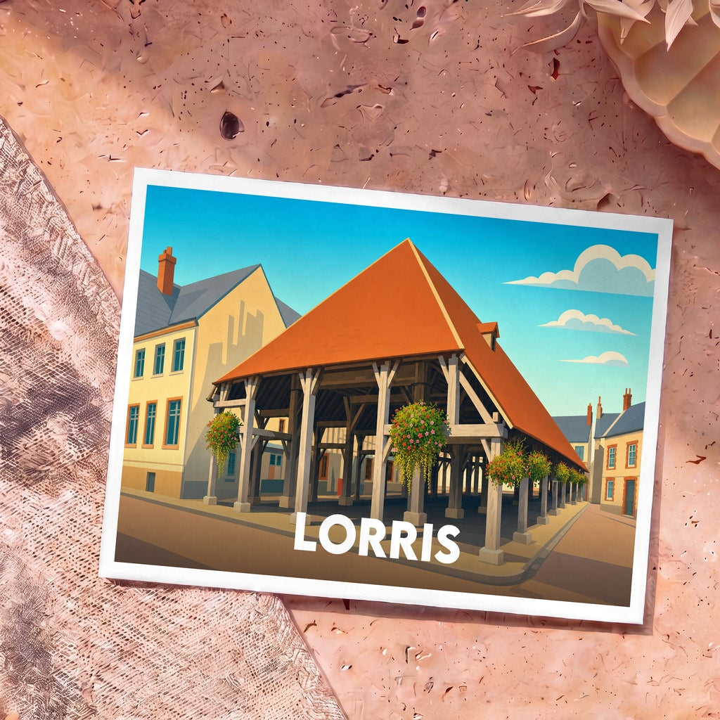 Carte postale souvenir de la ville de Lorris avec une illustration stylisée de ses halles historiques.