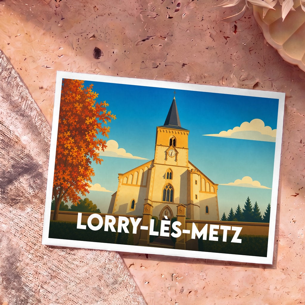 Carte postale souvenir de la ville de Lorry-lès-Metz illustrant son église dans un style graphique épuré.