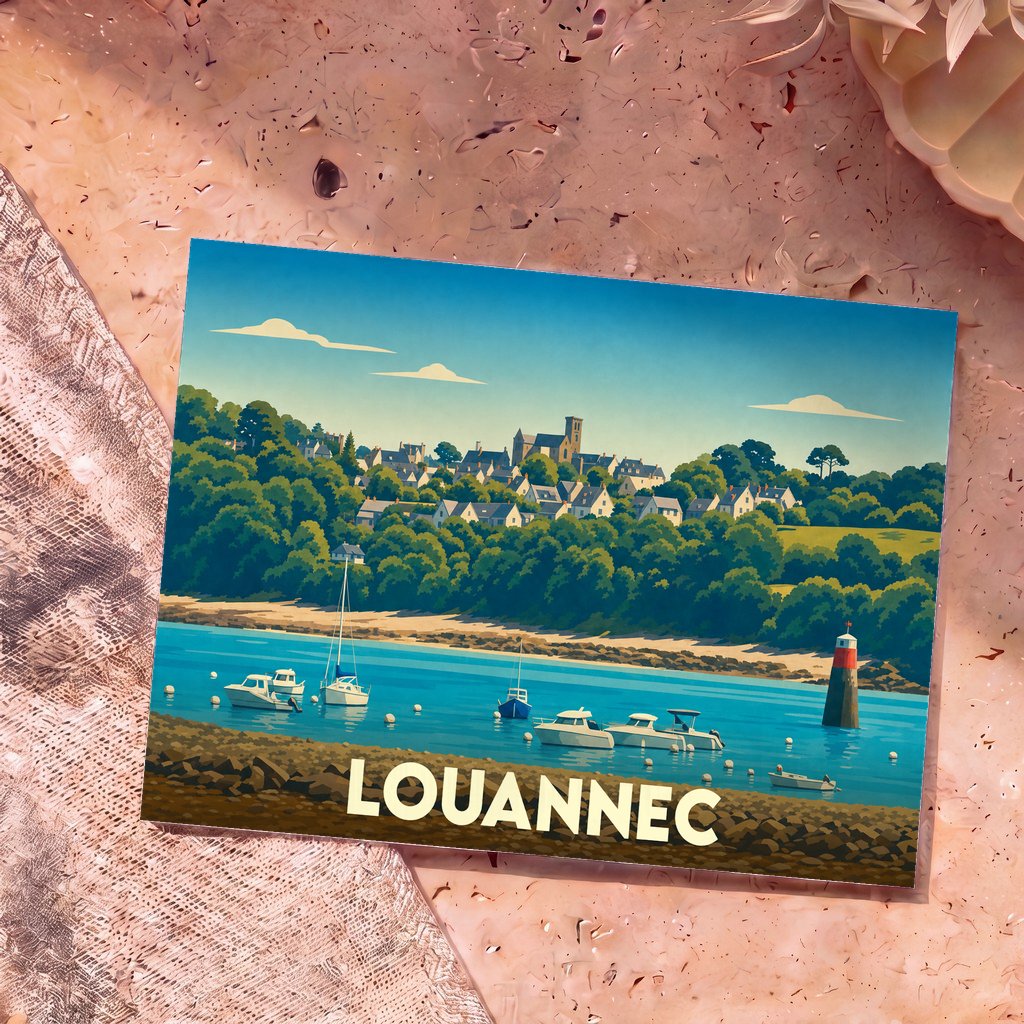 Carte postale souvenir de la ville de Louannec avec une illustration stylisée de son port et de ses maisons.