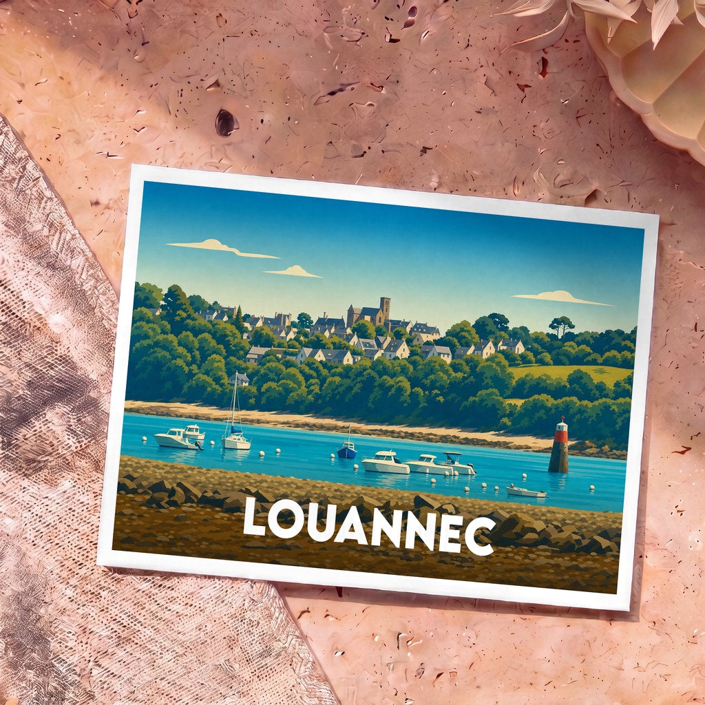 Carte postale souvenir de la ville de Louannec avec une illustration stylisée de son port et de ses maisons.