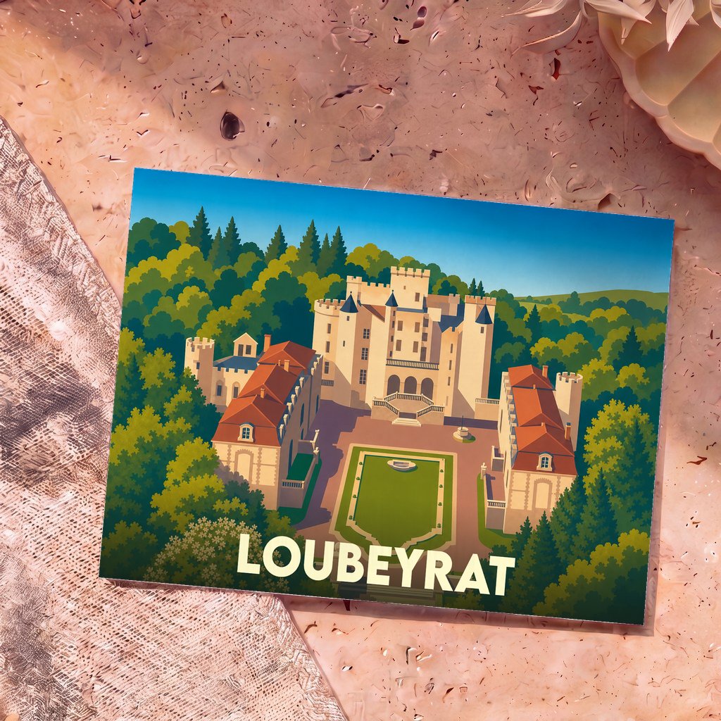 Carte postale souvenir de la ville de Loubeyrat avec une illustration stylisée de son château entouré de forêt.