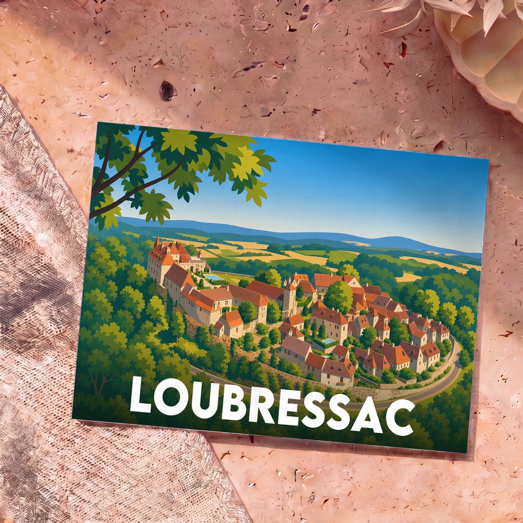 Carte postale souvenir de la ville de Loubressac avec une illustration stylisée.