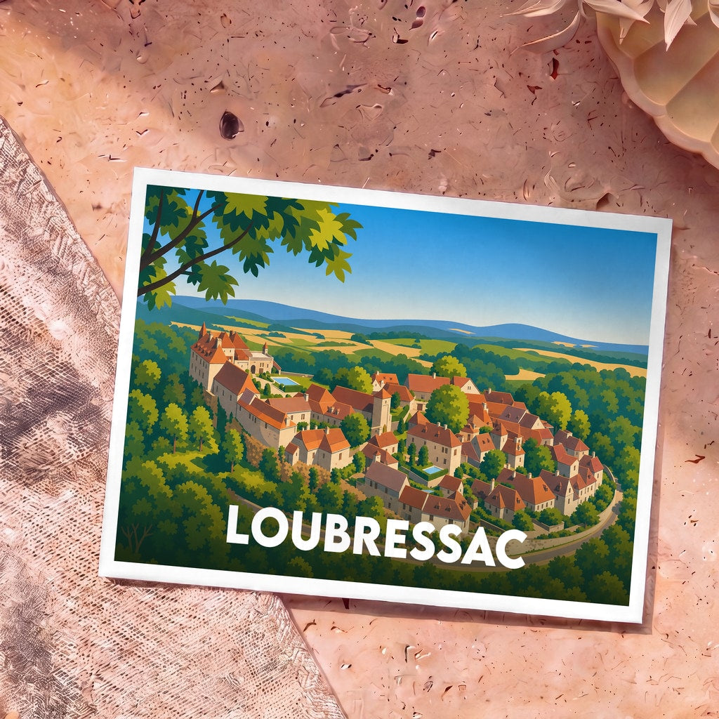 Carte postale souvenir de la ville de Loubressac avec une illustration stylisée.