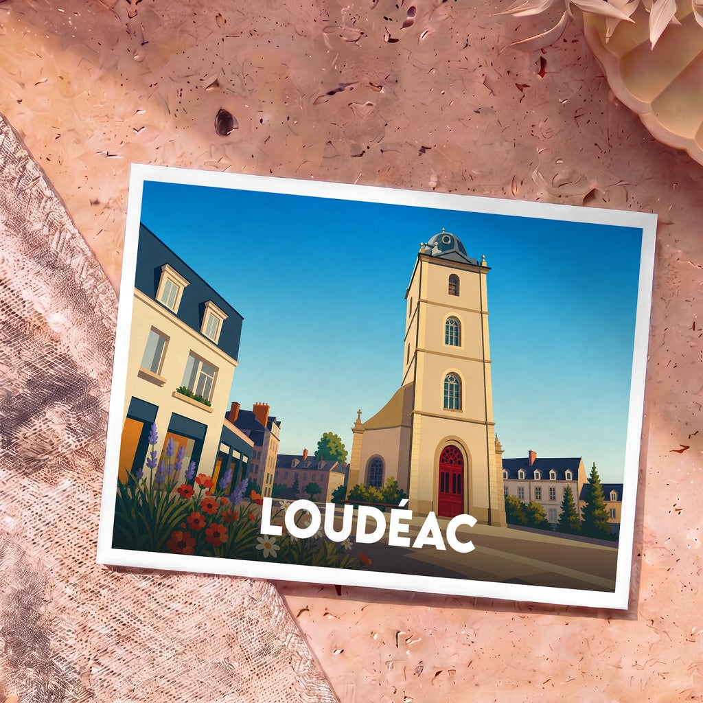 Carte postale souvenir de la ville de Loudéac avec une illustration stylisée montrant son église et ses bâtiments typiques.