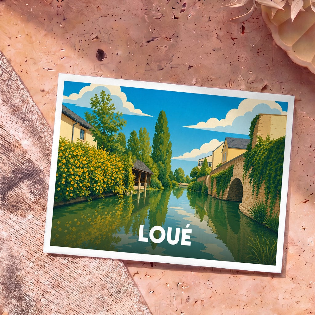 Carte postale souvenir de la ville de Loué illustrant un paysage fluvial paisible au style graphique épuré.