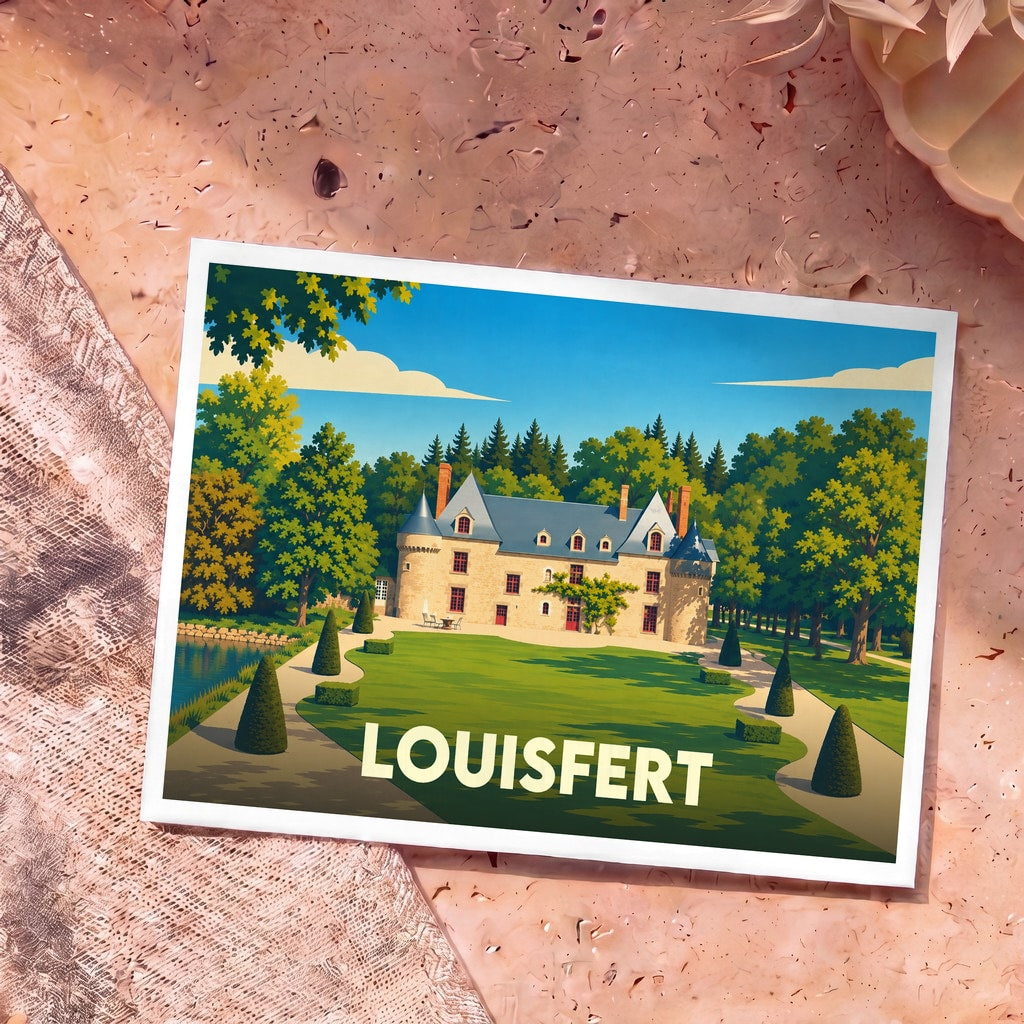 Carte postale souvenir de la ville de Louisfert avec une illustration stylisée d'un château.