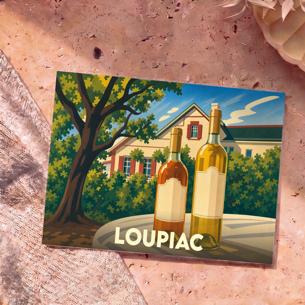 Carte postale souvenir de la ville de Loupiac avec une illustration stylisée de bouteilles de vin devant une propriété viticole.