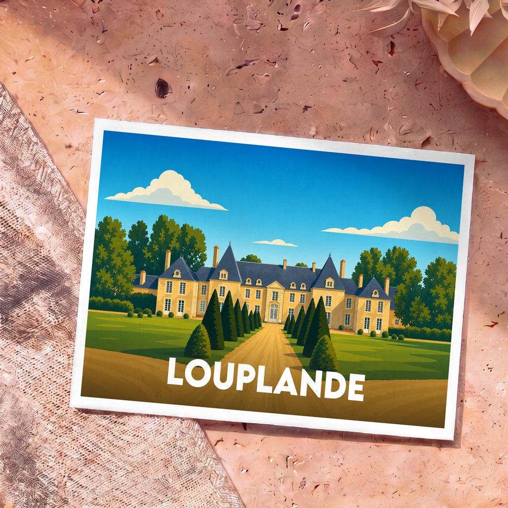 Carte postale souvenir de la ville de Louplande avec une illustration stylisée de son château.