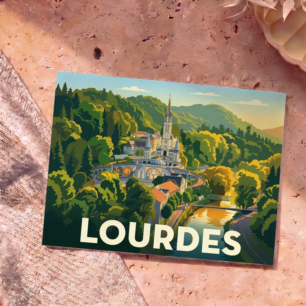 Carte postale souvenir de la ville de Lourdes avec une illustration stylisée du sanctuaire et de son environnement verdoyant.