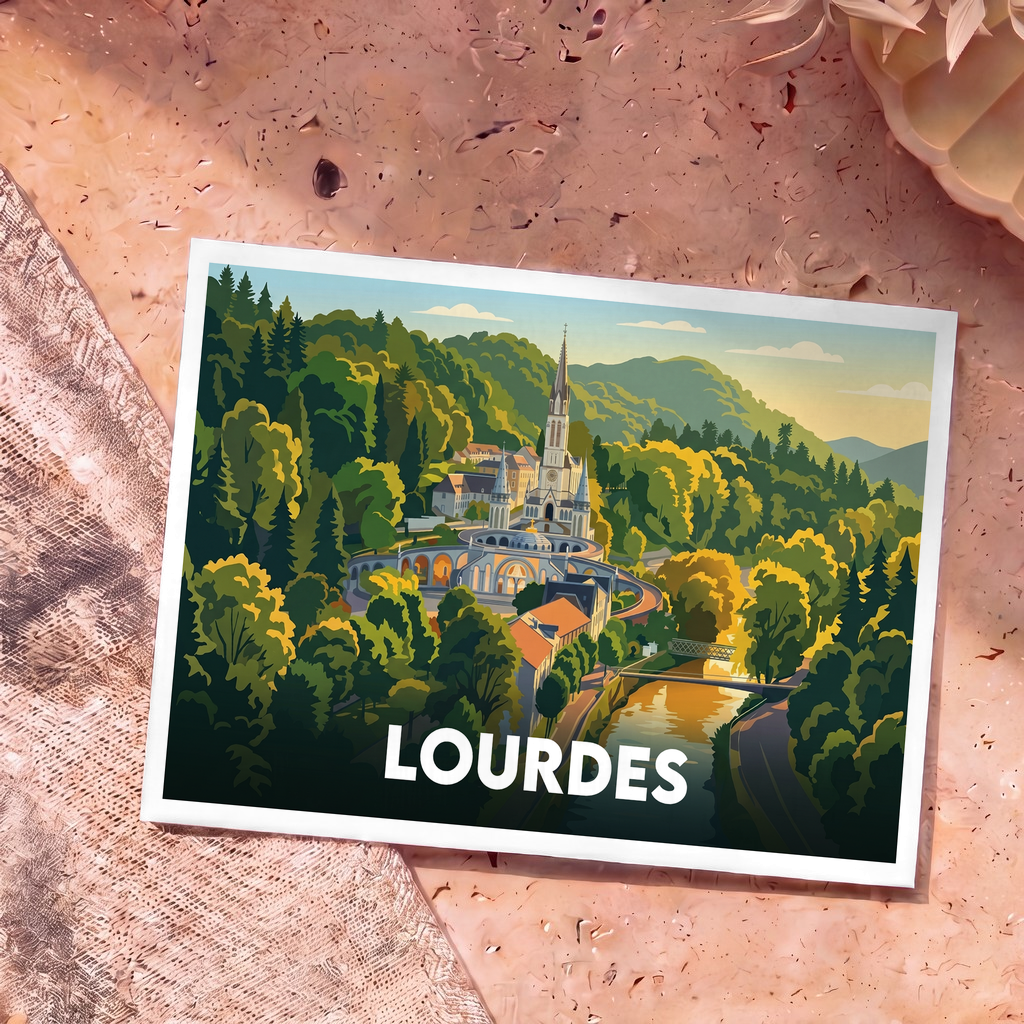 Carte postale souvenir de la ville de Lourdes avec une illustration stylisée du sanctuaire et de son environnement verdoyant.