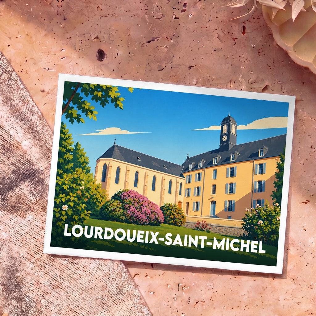 Carte postale souvenir de la ville de Lourdoueix-Saint-Michel avec une illustration stylisée de son patrimoine architectural.