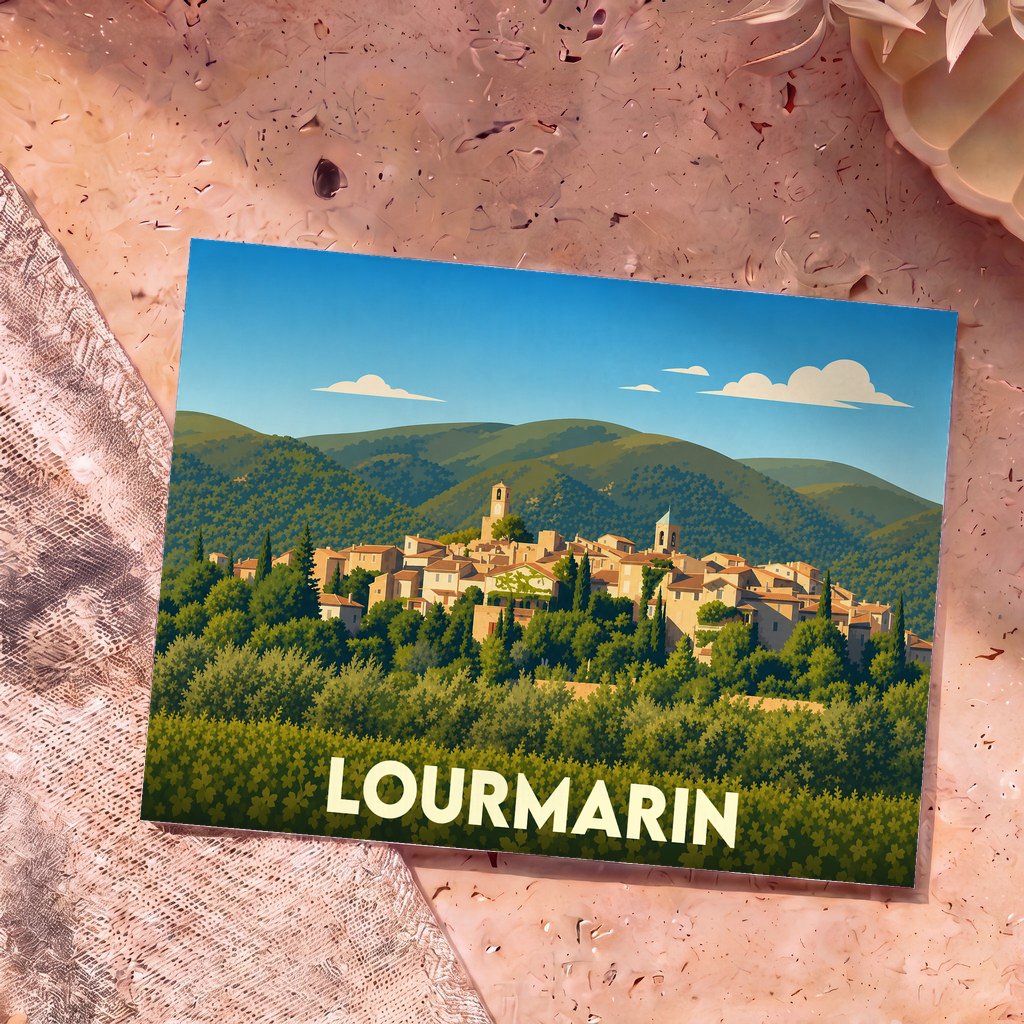 Carte postale souvenir de la ville de Lourmarin avec une illustration stylisée d'un village perché.