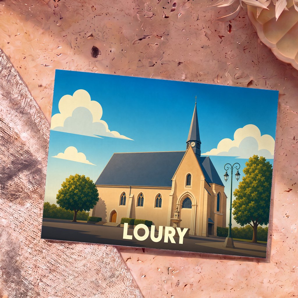 Carte postale souvenir de la ville de Loury avec une illustration stylisée de son église.