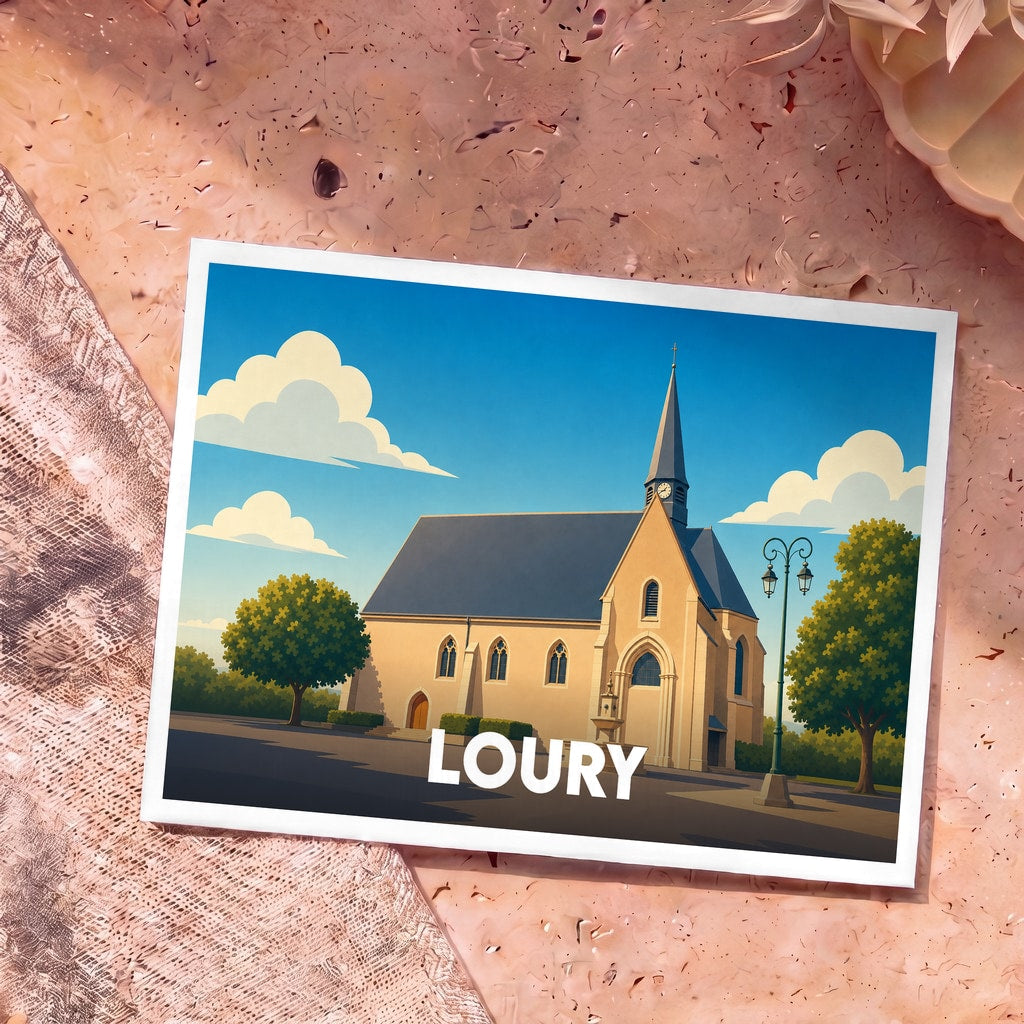 Carte postale souvenir de la ville de Loury avec une illustration stylisée de son église.