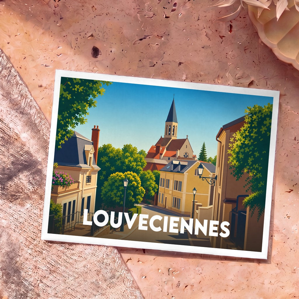 Carte postale souvenir de la ville de Louveciennes avec une illustration stylisée de ses rues et de son église.