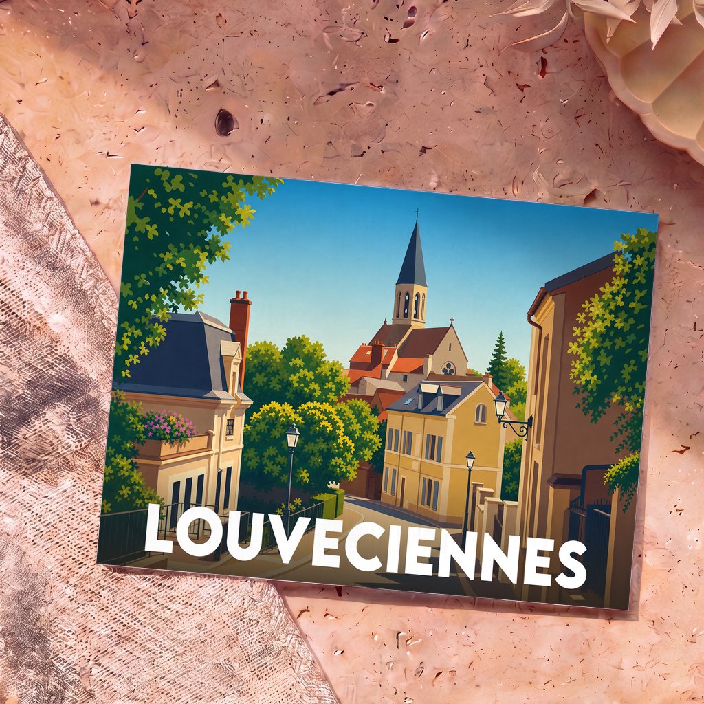 Carte postale souvenir de la ville de Louveciennes avec une illustration stylisée de ses rues et de son église.